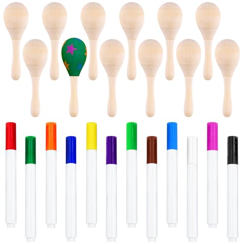 Morcheiong 12 x Mini-Holz-Maracas für Kinder mit 12 Acrylfarben-Stiften von Morcheiong