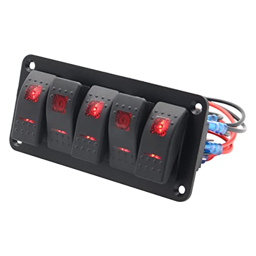 5 Gang Wippschalter Panel, MoreChioce 12V/24V EIN/Aus Kippschalter Vorverdrahteter Wippschalter Wasserdichtes Rocker Switch Panel mit Rote LED für Auto Marine Boot Wohnmobil LKW von MoreChioce