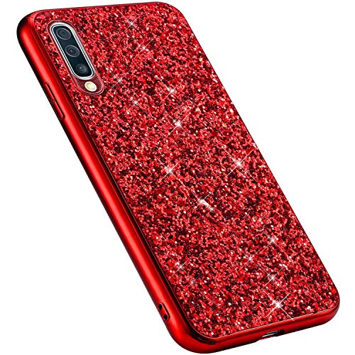 MoreChioce kompatibel mit GalaxyA50 Hülle,GalaxyA50 Handyhülle,Rot Chrom Glitzer Strass Silikon Bumper Schutzhülle Kratzfeste Durchsichtig Tasche Hybrid Protective Back Cover von MoreChioce