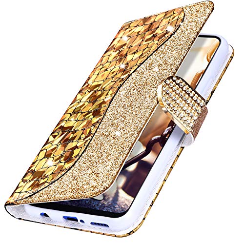 MoreChioce kompatibel mit GalaxyA50 Hülle,GalaxyA50 Hülle Leder Glitzer,Premium Gold Bling Diamant Laser Klapphülle Flip Protective Wallet Case Magnetische mit Kartenfach Standfunktion von MoreChioce