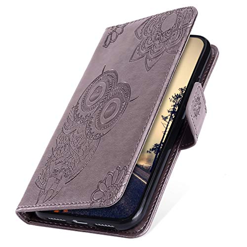 MoreChioce kompatibel mit Huawei P30 Lite Hülle,kompatibel mit Huawei P30 Lite Handyhülle,Premium Grau Eule Relief Leder Flip Case Stand Klapphülle Protective Brieftasche Magnetische von MoreChioce