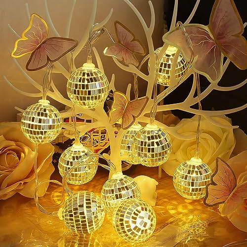 Morofme 10 LED Disco Ball String Lichter Silber Hängende Spiegel Disco Party Licht Mini Disco Kugeln Ornamente Baum Dekoration Licht Weihnachtslampe für Feiertag Wand Fenster Innen 70er Jahre Party von Morofme