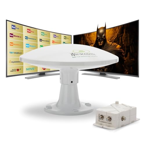MOSCATELLI Omnidirektionale terrestrische DVB-T/T2 TV-Antenne für Innen- und Außenbereich, 12/24/220V, mit LTE 4G Filter. Wasserdicht, UV-Schutz. Komplettes Kit mit Kabeln und Verstärker MOSCATELLI Omnidirektionale terrestrische DVB-T/T2 TV-Antenne für Innen- und Außenbereich, 12/24/220V, mit LTE 4G Filter. Wasserdicht, UV-Schutz. Komplettes Kit mit Kabeln und Verstärker von Moscatelli