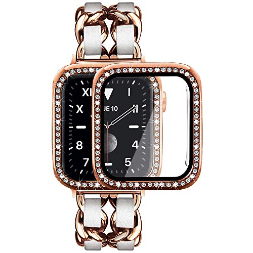 Mosonio Kompatibel mit Apple Watch, 38 mm, mit Displayschutzfolie, Damen-Schmuckarmband, Metallarmband mit 2 Bling-Schutzhülle für 38 mm iWatch Serie 3, 2, 1 (rotgoldene Glieder mit weißem Leder) von Mosonio