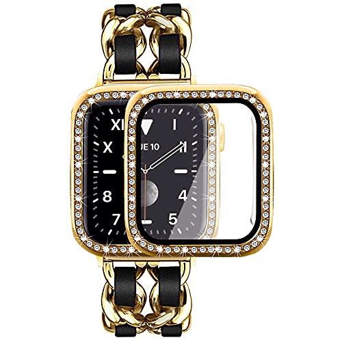 Mosonio Kompatibel mit Apple Watch, 38 mm, mit Displayschutzfolie, Damen-Schmuckarmband, Metallarmband mit 2 Bling-Schutzhüllen für 38 mm iWatch Serie 3, 2, 1 (goldfarbene Glieder mit schwarzem Leder) von Mosonio