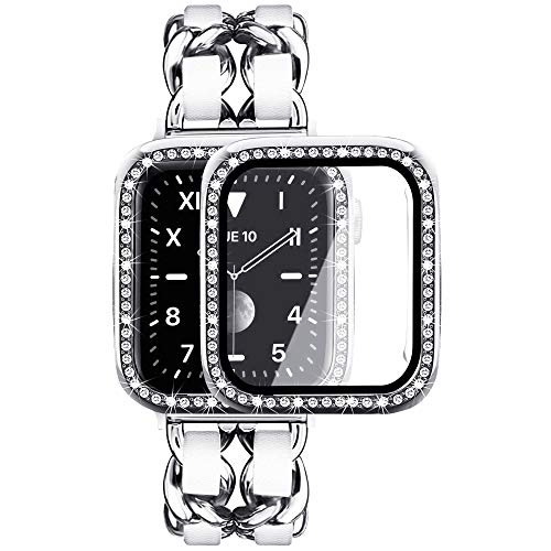 Mosonio Kompatibel mit Apple Watch Armband 44 mm mit Displayschutzfolie für Damen, Schmuckarmband, Metallarmband mit 2er-Pack Bling Case Cover für 44 mm iWatch Serie 6 5 4 (silbernes Glied mit weißem von Mosonio