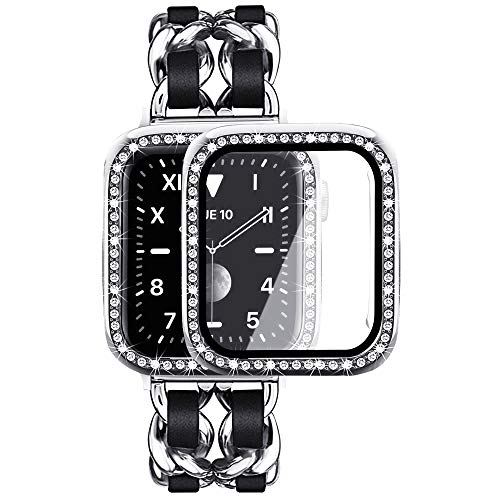 Mosonio Kompatibel mit Apple Watch Armband 44 mm mit Displayschutzfolie für Damen, Schmuckarmband, Metallarmband mit 2er-Pack Bling Case Cover für 44 mm iWatch Serie 6 5 4 (silbernes Glied mit von Mosonio