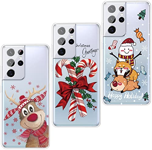 Mosoris [3 Stück Galaxy S21 Ultra 5G Hülle Silikon Transparent Weiche Durchsichtig Handyhülle Ultra Dünn Schutzhülle mit Weihnachten Muster TPU Stoßfest Case für Samsung S21 Ultra, Elch von Mosoris