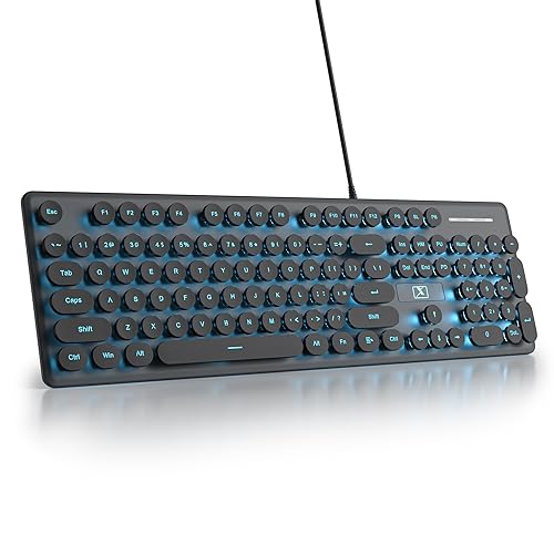 Mosptnspg Kabelgebundene leise Membran-Tastatur, volle Größe, 104 Tasten, Retro-Punk-Schreibmaschine, blaue LED-Hintergrundbeleuchtung, USB-Gaming-Tastatur mit runden ABS-Tastenkappen für von Mosptnspg
