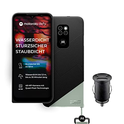 Motorola Moto Defy Outdoor Smartphone (6,5” kratzfestes HD+ Display, 48MP Quad-Kamera , Android 10 (Upgrade auf 11), 5000mAh, 4/64GB, wasserdicht und sturzsicher, MIL SPEC 810H) grün inkl. Kfz-Adapter von Motorola Mobility