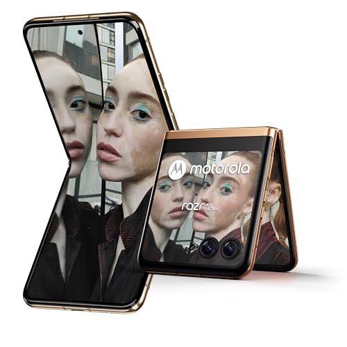 Motorola razr40 Ultra (Flip-Phone, 6,9"/3,6"-FHD+-Display, 32-MP-Frontkamera, 8/256 GB, 3800 mAh, Android 13) Peach Fuzz, inkl. Schutzcover + KFZ-Adapter [Exklusiv bei Amazon] von Motorola Mobility
