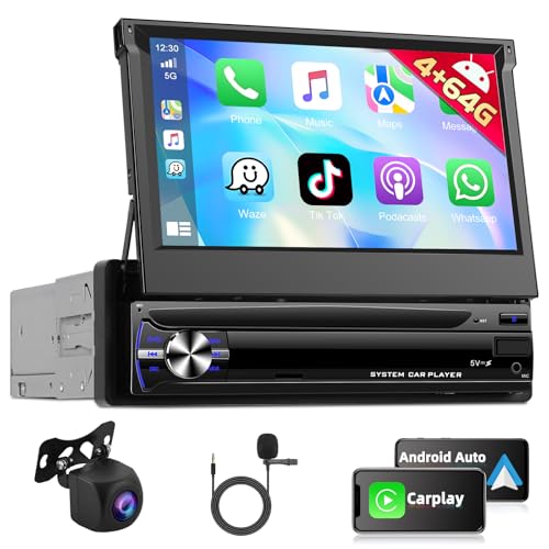 [4+64G] Motorsi 1-Din-Autoradio mit kabellosem Carplay und Android Auto, 7-Zoll-HD-Autoradio mit einziehbarem Touchscreen, unterstützt Bluetooth, Lenkradsteuerung, GPS + Rückfahrkamera und Mikrofon. von Motorsi