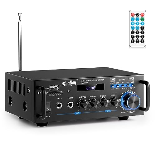 Moukey 2.0 Kanal Stereo Bluetooth Karaoke Verstärker, 100W Stereo Audio Verstärker Empfänger, Verstärker HiFi mit RCA, USB, SD, 2 Mic Eingänge, FM Radio für Auto oder Zuhause, MAMP3 von Moukey