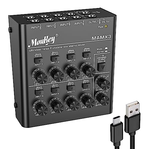 Moukey 8 Kanal DJ Mixer Mischpult, Musik Mixer tragbar, 8 Stereo Mini Audio Mixer DC 5V für kleine Clubs Bars Mikrofon Gitarre Bass Keyboard und Bühnenmixer, Ultra niedrig Noise-MAMX3 Moukey 8 Kanal DJ Mixer Mischpult, Musik Mixer tragbar, 8 Stereo Mini Audio Mixer DC 5V für kleine Clubs Bars Mikrofon Gitarre Bass Keyboard und Bühnenmixer, Ultra niedrig Noise-MAMX3 von Moukey