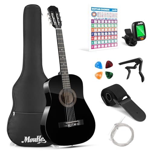 Moukey Akustikgitarre für Anfänger, Kinder, Jugendliche, Erwachsene, Dreadnought-Gitarre, Acustica-Kit mit Akkord-Poster, Gigbag, Stimmgerät, Plektren, Nylonsaiten, Kapodaster, Gurt, 96,5 cm, Schwarz Moukey Akustikgitarre für Anfänger, Kinder, Jugendliche, Erwachsene, Dreadnought-Gitarre, Acustica-Kit mit Akkord-Poster, Gigbag, Stimmgerät, Plektren, Nylonsaiten, Kapodaster, Gurt, 96,5 cm, Schwarz von Moukey