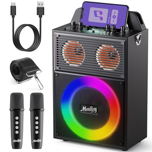 Moukey Karaoke Anlage für Kinder/Geschenk, tragbares Bluetooth PA Anlage Lautsprecher mit Gurt, kleiner Party Karaoke Maschine mit Disco-Lichtern, Echo/Höhen/Bass, unterstützt TWS/AUX/USB/TF/FM (Gray) von Moukey