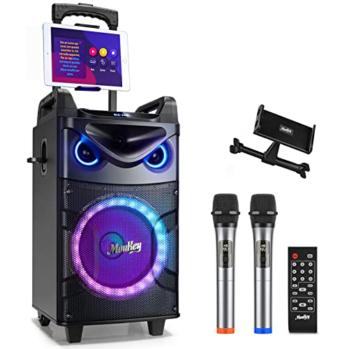 Moukey Karaoke Maschine, Große Karaoke Anlage mit 26cm Woofer & 8cm Tweeter & 2 Mikrofonen, Wiederaufladbarer Bluetooth Lautsprecher mit Lichteffekt Tablettenhalter TWS/Rec/AUX/USB/TF/FM für Party von Moukey