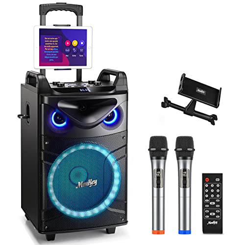 Moukey Karaoke Maschine, Große Karaoke Anlage mit 30cm Woofer & 8cm Tweeter & 2 Mikrofonen, Wiederaufladbarer Bluetooth Lautsprecher mit Lichteffekt Tablettenhalter TWS/Rec/AUX/USB/TF/FM für Party von Moukey