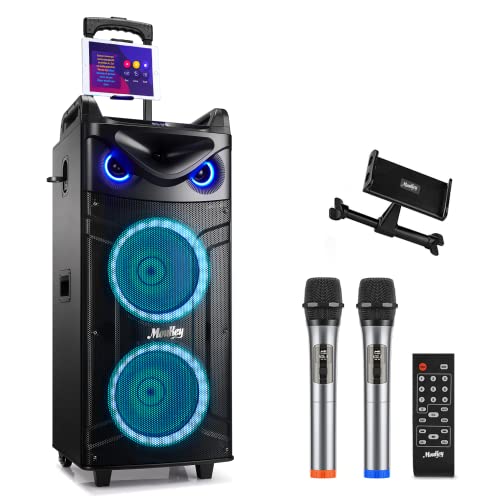 Moukey Karaoke Maschine Große Karaoke Anlage mit 2X 26cm Woofer & 8cm Tweeter & 2 Mikrofonen, Wiederaufladbarer Bluetooth Lautsprecher mit Lichteffekt Tablettenhalter TWS/Rec/AUX/USB/TF/FM für Party von Moukey