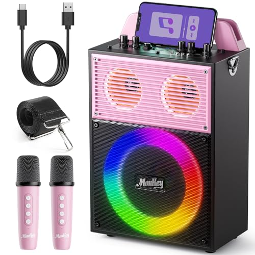 Moukey Karaoke-Maschine für Erwachsene Kinder, tragbares PA-System, Bluetooth-Party-Lautsprecher mit 2 kabellosen Mikrofonen und Disco-Licht, TWS/AUX/USB/TF/FM, Echo/Höhen/Bass-Anpassung – MPS4 Pink von Moukey