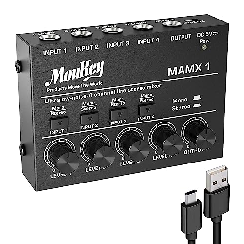 Moukey MAMX1 4 Kanal DJ Mixer Mischpult, Musik Mixer tragbar, Mini Karaoke Mixer, 4 Stereo Mini Audio Mixer für kleine Clubs Bars Gitarre Bass Keyboard und Bühnenmixer, Ultra niedrig Noise von Moukey