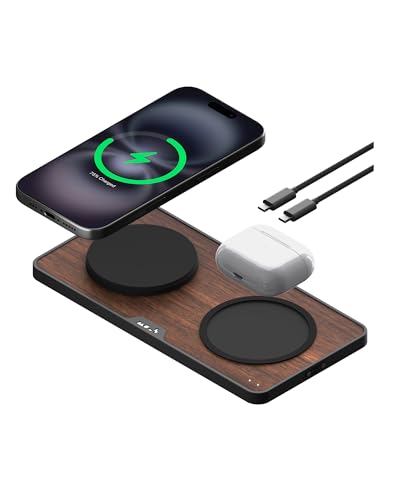 Mous Dual-Ladestation mit Qi2 bis zu 15 W Schnellladung, MagSafe-kompatibles Ladegerät, USB-C-Kabel, Walnuss von Mous