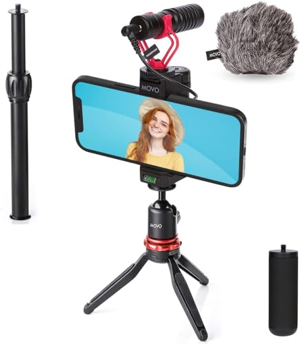 Movo VXR10+ Smartphone Video Rig mit Mini Stativ, Phone Grip und Video Mikrofon Kompatibel mit iPhone 13, 12, 11, 11 Pro, XS, XR, X, 8, 7, und Android - für YouTube, Tik Tok, Filmen, Vlogging von Movo