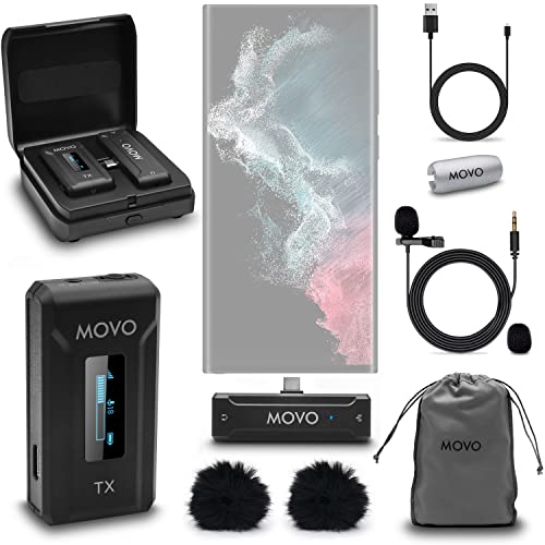 Movo WMX-2-C Wireless Lavalier-Mikrofon für Android mit Ladehülle, Onboard-Mikrofon, Clip-on Lapel Mic, 7HR Akku, 100m Reichweite, einstellbare Verstärkung, USB-C Mikrofon für Videoaufnahmen von Movo