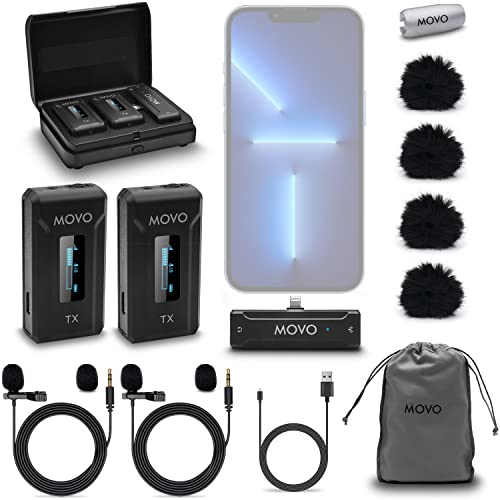 Movo WMX-2-L-DUO Dual Wireless Lavalier Mikrofon für iPhone mit Ladehülle, Onboard Mikrofone, Clip on Lapel Mics, 100m Reichweite, einstellbare Verstärkung – iPhone Mikrofone für Videoaufnahmen von Movo