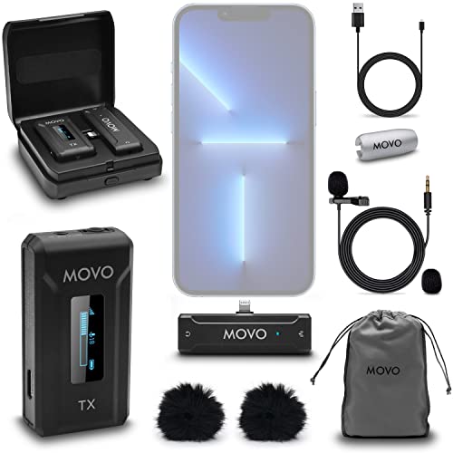 Movo WMX-2-L Kabelloses Lavalier-Mikrofon für iPhone mit Ladekoffer, Onboard-Mikrofon, Ansteckmikrofon, 7-Stunden-Akku, 328-Fuß-Reichweite, einstellbare Verstärkung, LED-Anzeige, Videoaufnahme von Movo