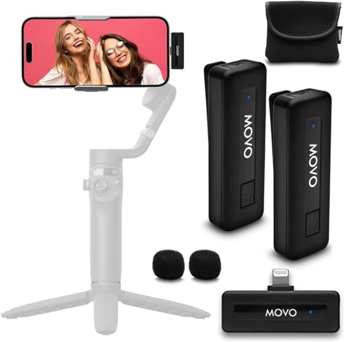 Movo Wireless Mini-Duo Ultrakompaktes Dual Mikrofon für iPhone mit Clip auf Lavalier-Mikrofon, 10 HR-Akku, 50 m Reichweite, Geräuschunterdrückung, Lightning – iPhone-Mikrofon für Videoaufnahmen von Movo