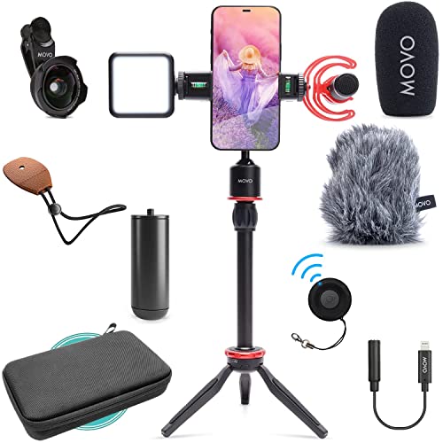 Movo iVlog1 Smartphone Video Vlogging Bundle mit Movo VXR10-PRO Richtmikrofon, Mini Stativ, LED Kamera Licht, Weitwinkelobjektiv Externes Mikrofon für iPhone und Android von Movo