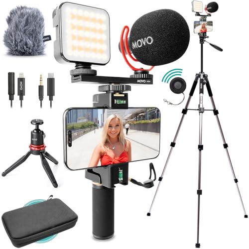 Movo iVlogger-PRO Vlogging-Kit mit Vollständigem Stativ für iPhone/Android – YouTube-Starter-Kit für Content Creator – Zubehör: Handy-Stativ, Handy-Halterung, RGB-Licht und VXR10 Richtmikrofon von Movo