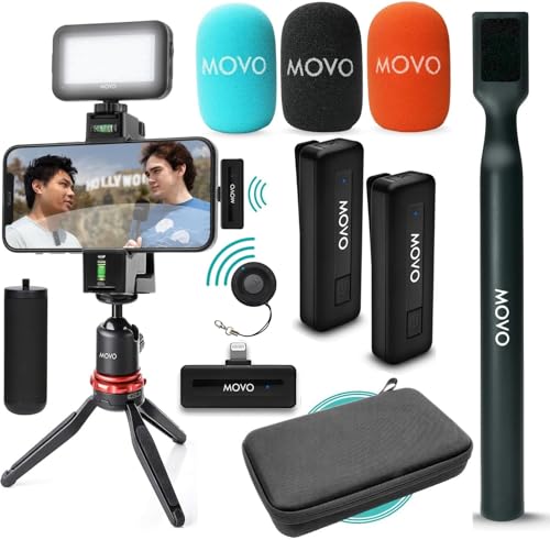 Movo iVlogger Vlogging Kit für iPhone mit Dual Wireless Lavalier Mikrofon, Stativ, Telefonhalterung, LED-Licht, Bluetooth-Fernbedienung und Mikrofongriff – kabelloses YouTube-Starter-Set für iPhone von Movo