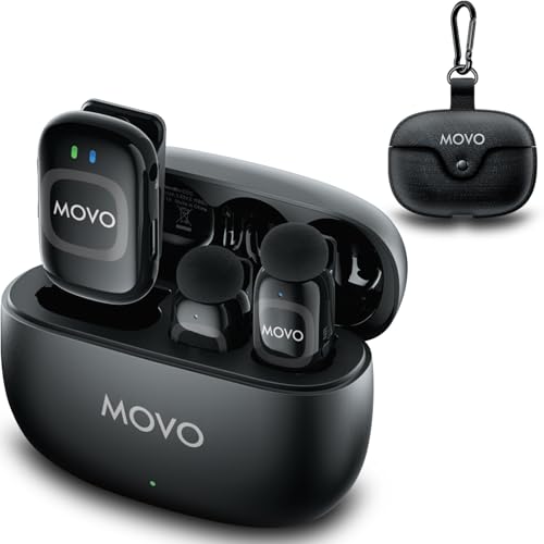 NanoMic Kabelloses Lavalier-Mikrofon für Kamera - Clip-On TRS Wireless Mic System für DSLR, Camcorder und spiegellose Kameras - Dual Mikrofone mit Ladekoffer für Video, Interviews von Movo