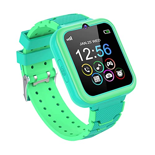 Kinderspiele Smart Watch Phone, HD Touchscreen Smartwatch für Kinder mit Musik Player Zwei Wege Anruf SOS Taschenlampe Rechner Rekorder Wecker, Geburtstagsgeschenke für 3-12Y (Türkis) von Moweallarge