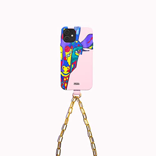 "Rainbow Giraffe" - Leder iPhone 11 Hülle mit abnehmbarer Kette - Hochwertige Vollnarbenleder Schutzhülle - Regenbogen-Giraffe Designer Handyhülle aus Leder - 100% vegan (Klassisches Gold - M) von Moyea CASES