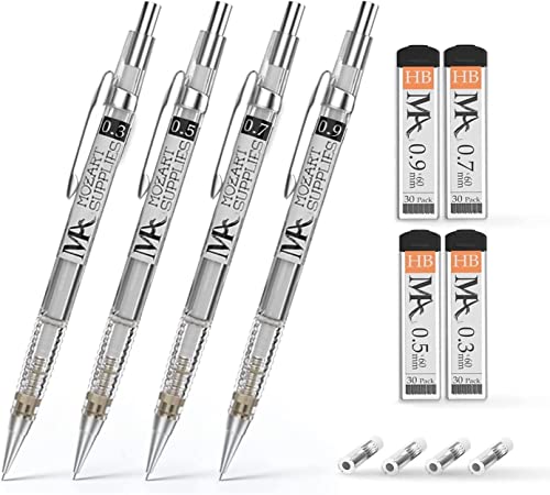 MozArt Druckbleistift Set mit Stift Etui Case – 4 Größen: 0,3/0,5/0,7/0,9 mm – jeweils 30x Bleistiftminen und 4x Radiergummis – zum Skizzieren und kreativen Schreiben von MozArt Supplies