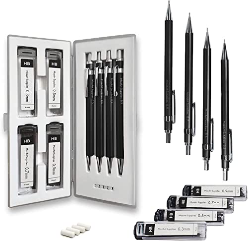 MozArt Schwarzer Druckbleistift Set mit Etui - 4 Größen: 0.3, 0.5, 0.7 & 0.9mm mit je 30 HB Minen & 4 Radiergummi-Minen - Zeichnen, Skizzieren Druckbleistifte, Metall-Druckbleistift MozArt Schwarzer Druckbleistift Set mit Etui - 4 Größen: 0.3, 0.5, 0.7 & 0.9mm mit je 30 HB Minen & 4 Radiergummi-Minen - Zeichnen, Skizzieren Druckbleistifte, Metall-Druckbleistift von MozArt Supplies