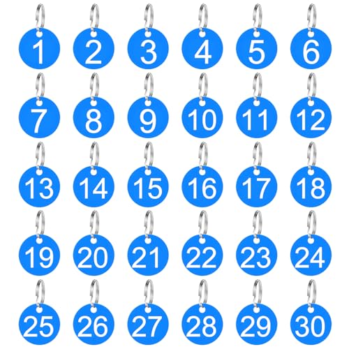 30 Stück Nummernschilder aus Kunststoff Runde Zahlenmarken 1-30 Graviert Nummeriert ID Tags mit Schlüsselringe Blau Schlüsselanhänger Zahlen Wasserdichte Zahlenanhänger für Hotel Tierhause von Mozeat Lens