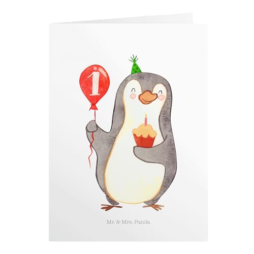 Mr. & Mrs. Panda Geburtstagskarte 1. Geburtstag Pinguin Luftballon - Geschenk, Hochzeitskarte, Glückwunschkarte, Klappkarte, Grusskarte, Herzlichen von Mr. & Mrs. Panda