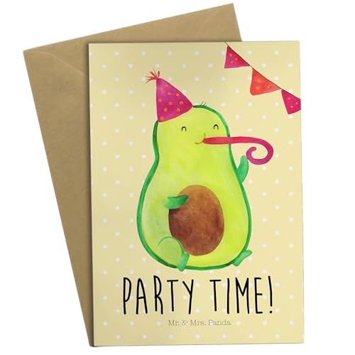 Mr. & Mrs. Panda Grußkarte Avocado Party Time - Geschenk, Abifeier, Vegan, Glückwunschkarte, Veggie, Geburtstagskarte, Gesund, Hochzeitskarte, von Mr. & Mrs. Panda