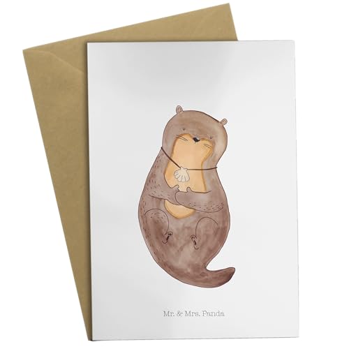 Mr. & Mrs. Panda Grußkarte Otter mit Muschelmedaillon - Geschenk, Hochzeitskarte, Otterliebe, Geburtstagskarte, Einladungskarte, grübeln, Klappkarte, von Mr. & Mrs. Panda