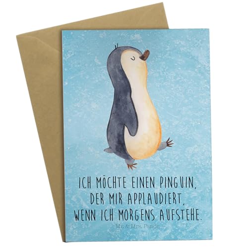 Mr. & Mrs. Panda Grußkarte Pinguin marschierend - Geschenk, Klappkarte, Pinguine, Geburtstagskarte, Frühaufsteher, Hochzeitskarte, Glückwunschkarte, von Mr. & Mrs. Panda