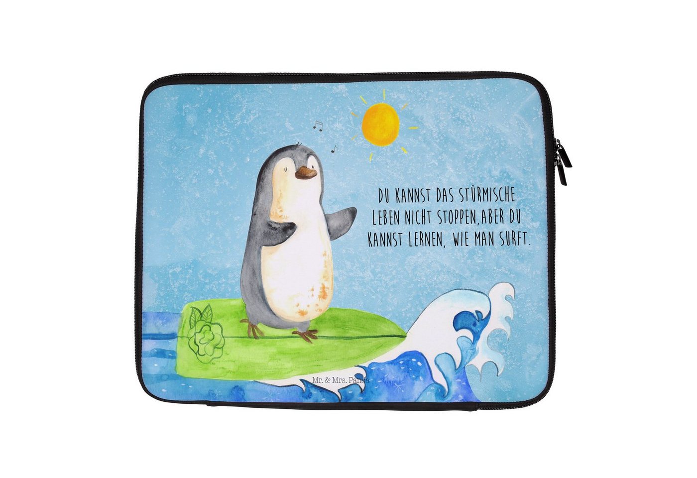 Mr. & Mrs. Panda Laptop-Hülle Pinguin Surfer - Eisblau - Geschenk, Schutzhülle, Pinguine, Notebook von Mr. & Mrs. Panda