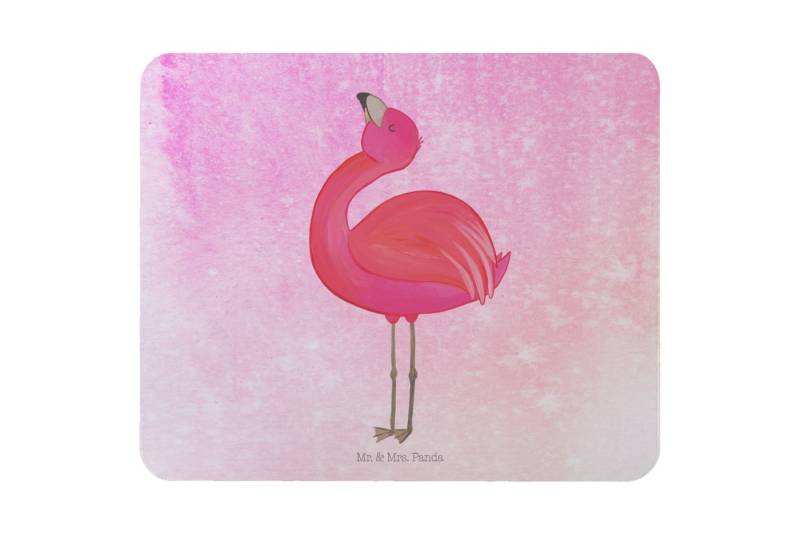 Mr. & Mrs. Panda Mauspad Flamingo Stolz - Aquarell Pink - Geschenk, Mauspad, rosa, Selbstakzep (1-St), Handgelenkschonend von Mr. & Mrs. Panda