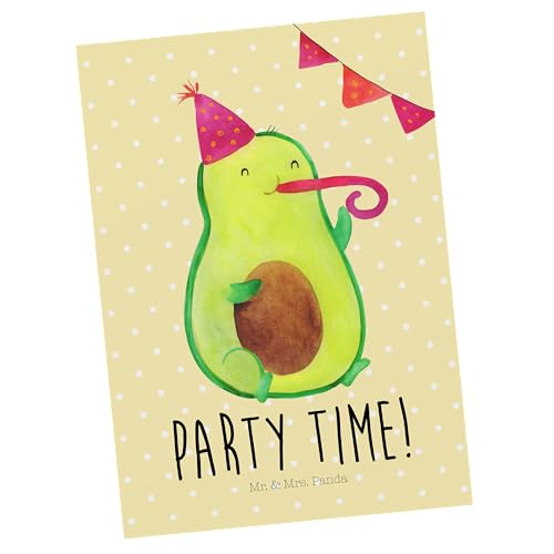 Mr. & Mrs. Panda Postkarte Avocado Party Time - Geschenk, Geschenkkarte, Dankeskarte, Einladung, Veggie, Gesund, genießen, Lebensfroh, Grußkarte, von Mr. & Mrs. Panda