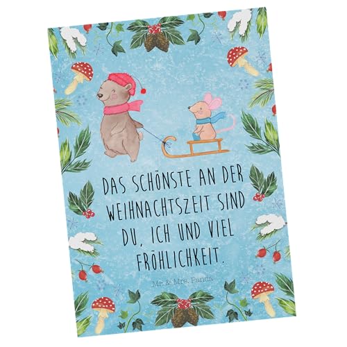 Mr. & Mrs. Panda Postkarte Bär Maus Schlitten - Geschenk, Ansichtskarte, Geschenkkarte, Wintermotiv, Weihnachtsdeko, Dankeskarte, Einladung, von Mr. & Mrs. Panda
