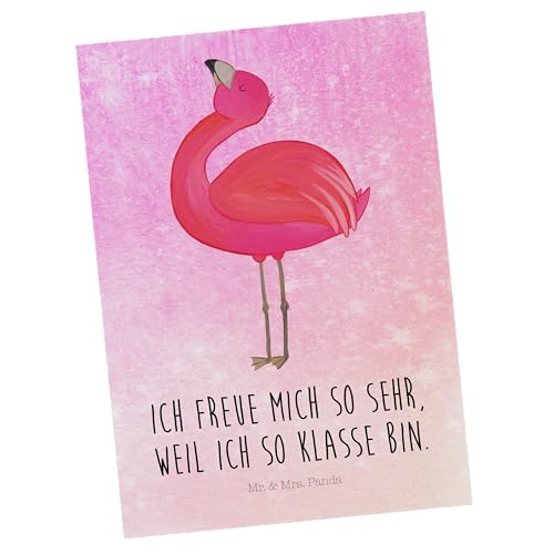 Mr. & Mrs. Panda Postkarte Flamingo stolz - Geschenk, Selbstliebe, glücklich, Einladung, Grußkarte, Mama, rosa, Schwester, Dankeskarte, Freundin, von Mr. & Mrs. Panda