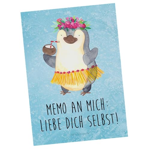 Mr. & Mrs. Panda Postkarte Pinguin Kokosnuss - Geschenk, Aloha, entspannt, tanzen, Pinguine, Dankeskarte, Geburtstagskarte, Einladungskarte, von Mr. & Mrs. Panda